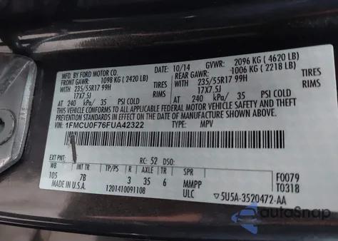 2015 Ford Escape S z USA, uszkodzony, nr VIN 1FMCU0F76FUA42322